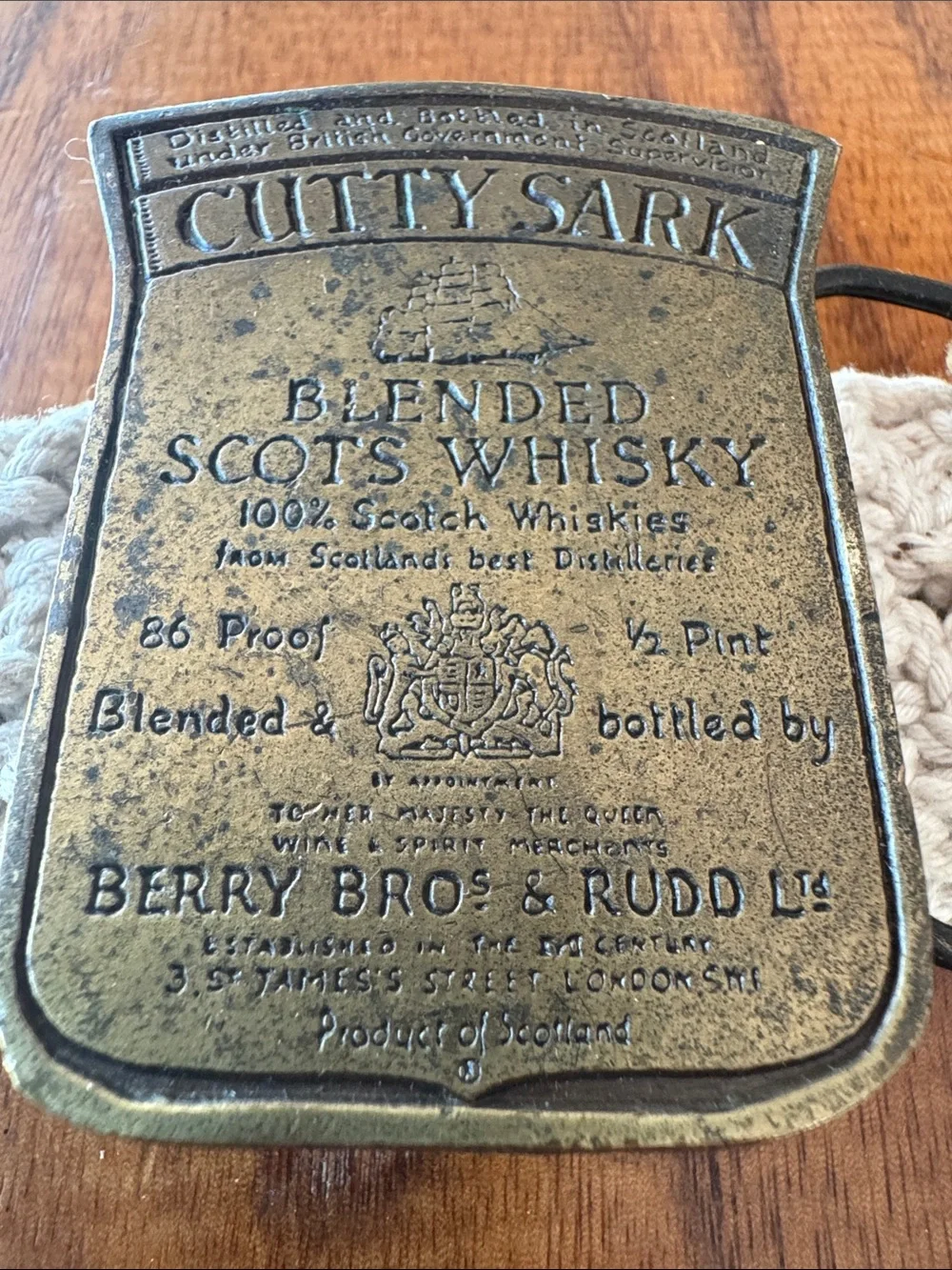 Rare Vintage Cutty Sark Scottish Whiskey Brass Buckle on Cotton/Jute Belt